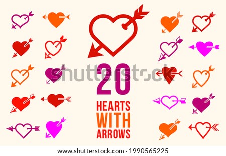 Cupid hearts with arrow from bow vector icons or logos set, romantic hearts fallen in love concept, Valentine theme, lovestruck theme.