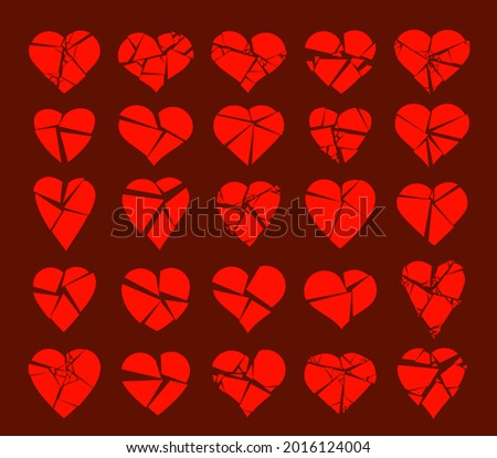 Hearts broken to pieces like a glass vector logos or icons set, broken heart concept, breakup or divorce, heartbreak regret, separated couple, tragic love.