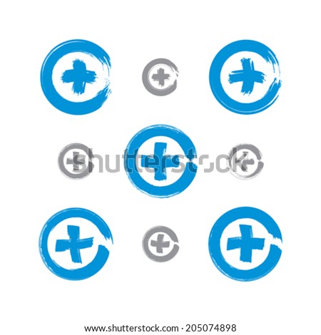 Set of hand-drawn validation icons scanned and vectorized, collection of brush drawing plus signs, hand-painted maximize symbols isolated on white background.