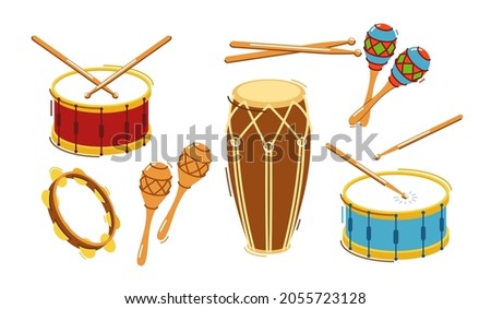 Different drums and percussion big set vector flat illustrations isolated over white background, music instruments shop.