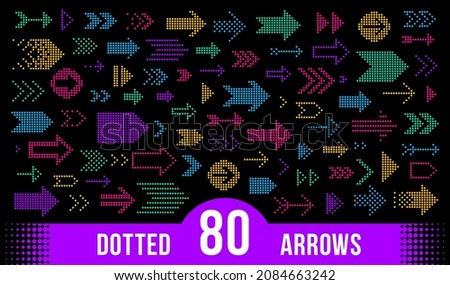 Dotted arrows big vector set of icons or logos, collection of direction cursors made with dots, perforated symbols, different shapes arrows for graphic design usage. Сток-фото © 