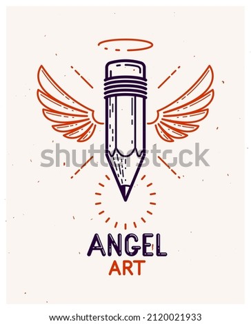 Pencil with wings and nimbus, vector simple trendy logo or icon for designer or studio, creative spirit, angel design, linear style.