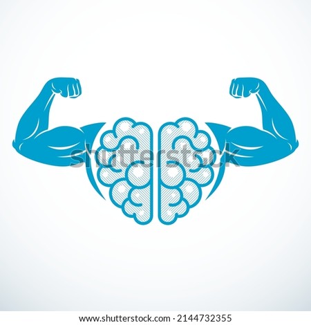 Brain with strong bicep hands of bodybuilder. Power Brain emblem, genius concept.  Brain training, grow IQ, mental health. Vector design.