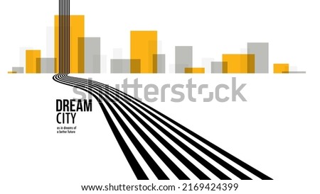 Future city on a horizon with highway road fast going to it vector abstract background, metropolis skyline with speed highway, road to town.