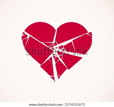 Heart broken to pieces like a glass vector logo or icon, broken heart concept, breakup or divorce, heartbreak regret, separated couple, tragic love.