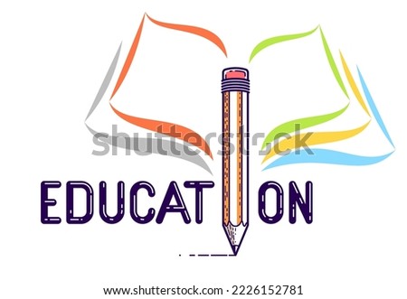 Education word with pencil instead of letter I and book, study and learning concept, vector conceptual creative logo or poster made with special font.