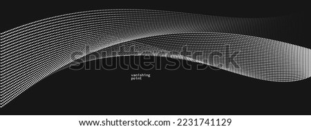 Wave of flowing vanishing particles vector abstract background, curvy lines dots in motion over black relaxing illustration, smoke like image.