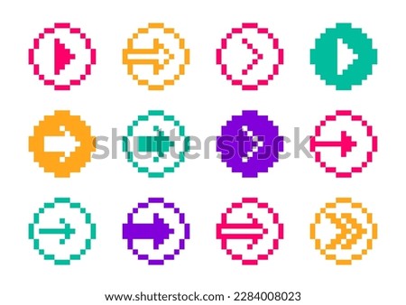 8 Bit pixel arrows in circles vector set of icons, collection of arrow direction cursors in old PC or gaming console style, single color symbols for logos.