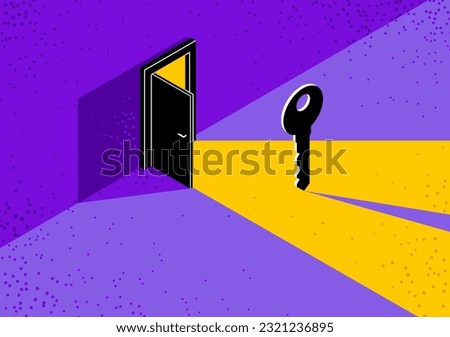 The key to success vector conceptual illustration with half open door giving light to dark place and key, new opportunities, secret mysterious door.