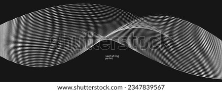 Abstract background vector illustration over black, dots in motion by curve lines, particles flow wave isolated, monochrome black and white illustration.