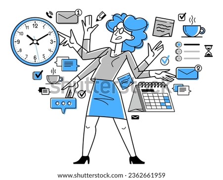 Time management vector outline illustration, worker planning deadline and prioritize tasks, business productiveness agenda, zero hour.