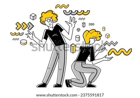 Inspired inventive designer or engineer composing abstract elements, creative worker doing some job and creating some system, vector outline illustration.