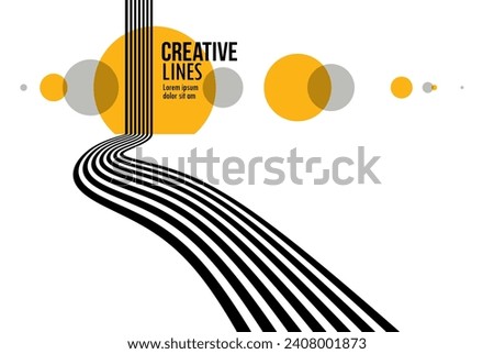 3D black and white lines in perspective with yellow elements abstract vector background, linear perspective illustration op art, road to horizon.