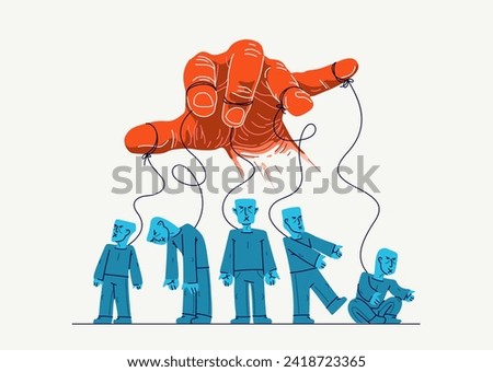 Hand of a toxic manipulator controls his victims, social zombies concept, social manipulations dictatorship and control, cultural code, vector illustration of psychological manipulation.