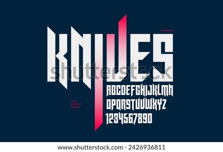 Sharp and bold vector display font for logo, gothic or heavy metal style modern typeface, edgy hard rock letters and numbers alphabet for titles or slogans, heavy typography. 