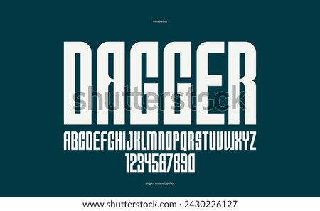 Tall simple sans serif display font for logos headers or slogans, vector thick and condensed geometric typeface, uppercase letters alphabet with numbers, poster and advertising.