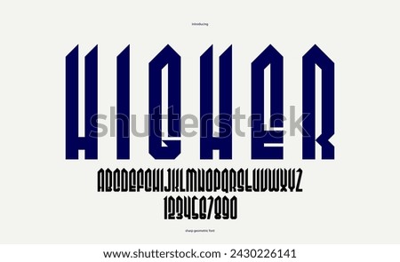 Sharp and bold vector display condensed font for logos, gothic or heavy metal style modern tall typeface, edgy hard rock letters and numbers alphabet for titles or slogans, heavy typography.