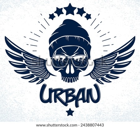 Skull in sunglasses and hat, urban theme vector logo or emblem, gangster or thug illustration, anarchy chaos hooligan, ghetto theme.