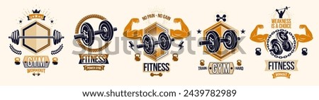 Fitness sport emblems logos or posters with barbells dumbbells kettlebells and muscle man silhouettes vector set, athletic workout active lifestyle theme, sport club or competition awards.