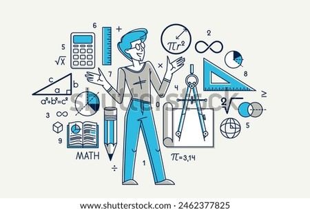 Mathematics education vector with student learning math or teacher explaining lesson, mathematician working on some theoretical science.