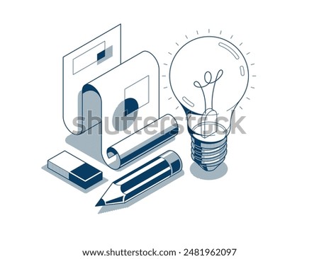 Creative engineering idea concept, light bulb with pencil and engineer blueprint plan 3D isometric vector design, engineering project, education and learning, invention and solution concept.