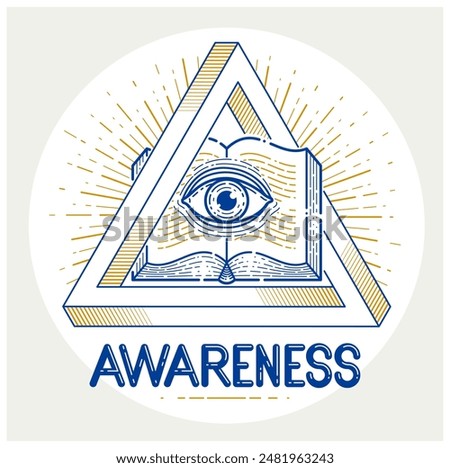 Secret knowledge vintage open book with all seeing eye of god in sacred geometry triangle, insight and enlightenment, masonry or illuminati symbol, vector logo or emblem design element.