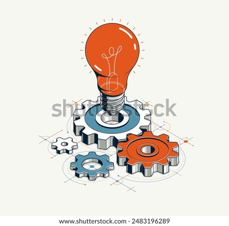 Engineering idea concept, innovation, invention and solution metaphor, light bulb with gears vector 3D isometric illustration, mechanical engine works.