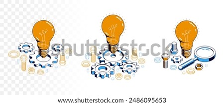 Engineering idea concept set, innovation, invention and solution concept, light bulb vector 3D isometric illustration, mechanical engine works.