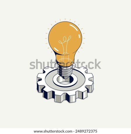 Creative idea concept, light bulb with gear vector 3D isometric icon or illustration, innovation and solution, technology and technics, research and knowledge.