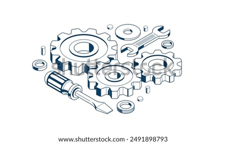 Repair and maintenance concept, technics service, gears and tools in 3D isometric projection vector illustration, technical mechanical workshop.