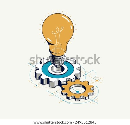 Engineering idea concept, innovation, invention and solution metaphor, light bulb with gears vector 3D isometric illustration, mechanical engine works.