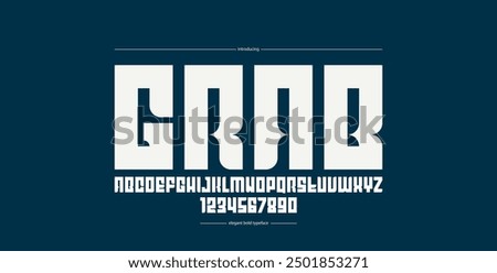 Bold simple sans serif display font for logos headers or slogans, vector thick and heavy geometric typeface, uppercase letters alphabet with numbers, poster and advertising.