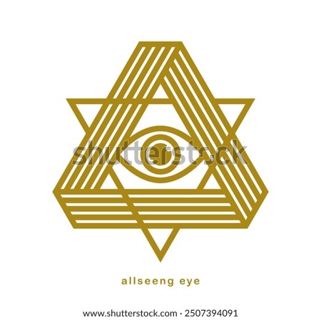 All seeing eye in triangle pyramid vector ancient symbol in modern linear style isolated on white, eye of god, masonic sign, secret knowledge illuminati.