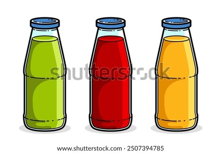 Juice set of green red and orange in a glass bottles isolated on white background vector illustration, cartoon style logo or badge for pure fresh juice, diet food beverage delicious and healthy. 