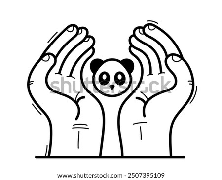 Two hands with panda bear protecting and showing care vector flat style illustration isolated on white, cherish and defense for wild animals concept, wildlife species protection.