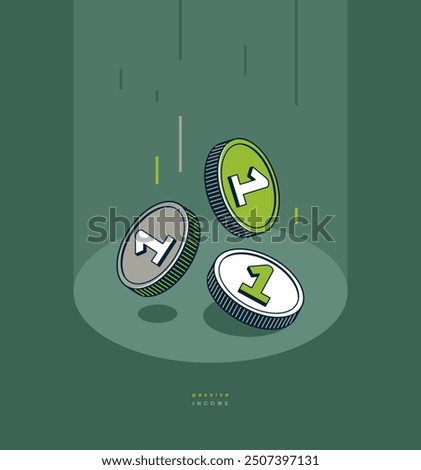 Passive income concept poster, coins falling down vector icon style illustration, revenue and interest metaphor, royalty.