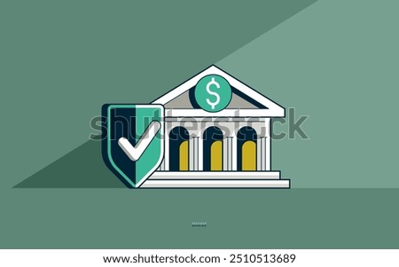 Secured banking concept poster, bank building shield vector icon style illustration, safe banking operations, safe account armor shield locked and private.