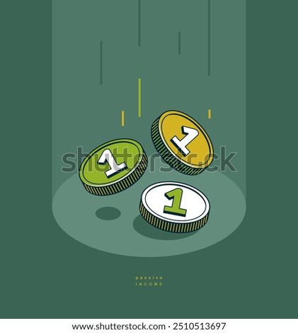 Passive income concept poster, coins falling down vector icon style illustration, revenue and interest metaphor, royalty.