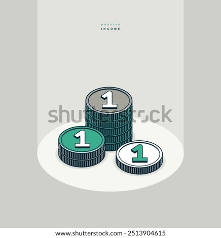 Passive income concept poster, coin stack vector icon style illustration, revenue and interest metaphor, royalty.