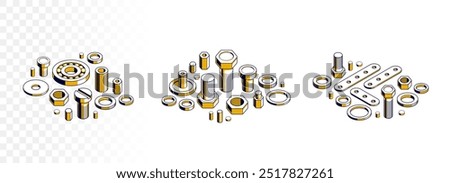 Bolts and nuts vector 3D isometric set, repair and maintenance service concept.