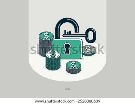 Padlock with coins stack vector conceptual poster, secured savings concept, simple icon style illustration of a lock with money, financial safety metaphor, financial protection.