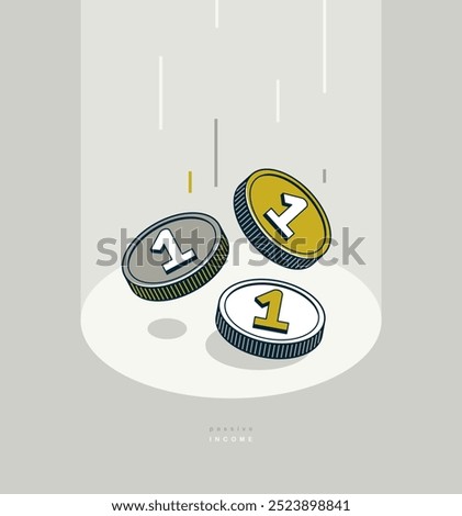 Passive income concept poster, coins falling down vector icon style illustration, revenue and interest metaphor, royalty.