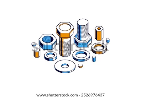 Bolts and nuts vector 3D isometric set, repair and maintenance service concept.