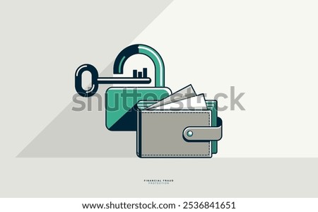 Financial fraud protection e-wallet concept poster, secured payments using electronic wallet online metaphor, padlock lock with key safe private account, vector icon style illustration.