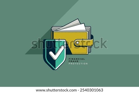 Financial fraud protection e-wallet concept poster, secured payments using electronic wallet online metaphor, shield with key safe private account, vector icon style illustration.