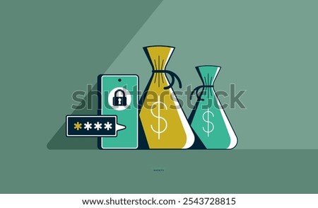 Money bags with smartphone financial safety concept poster, moneybags with phone and verification code vector icon style illustration, finance protection, two step verification.