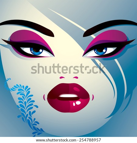 Coquette woman eyes and lips, stylish makeup and hairdo. People facial emotions, shock and surprise.