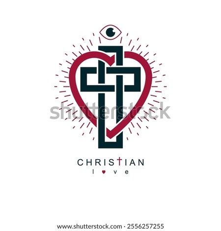 Christian Love and True Belief in God vector creative symbol design, combined with Christian Cross and heart, vector logo or sign.