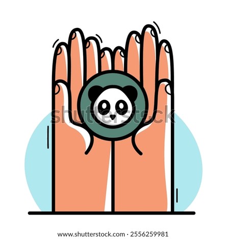 Two hands with panda bear protecting and showing care vector flat style illustration isolated on white, cherish and defense for wild animals concept, wildlife species protection.