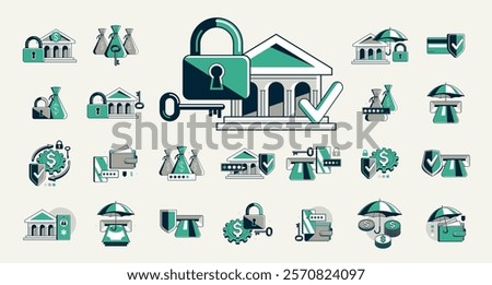 Protected finances vector detailed icons set, insurance and account privacy risk, secured money and transactions, financial safety.